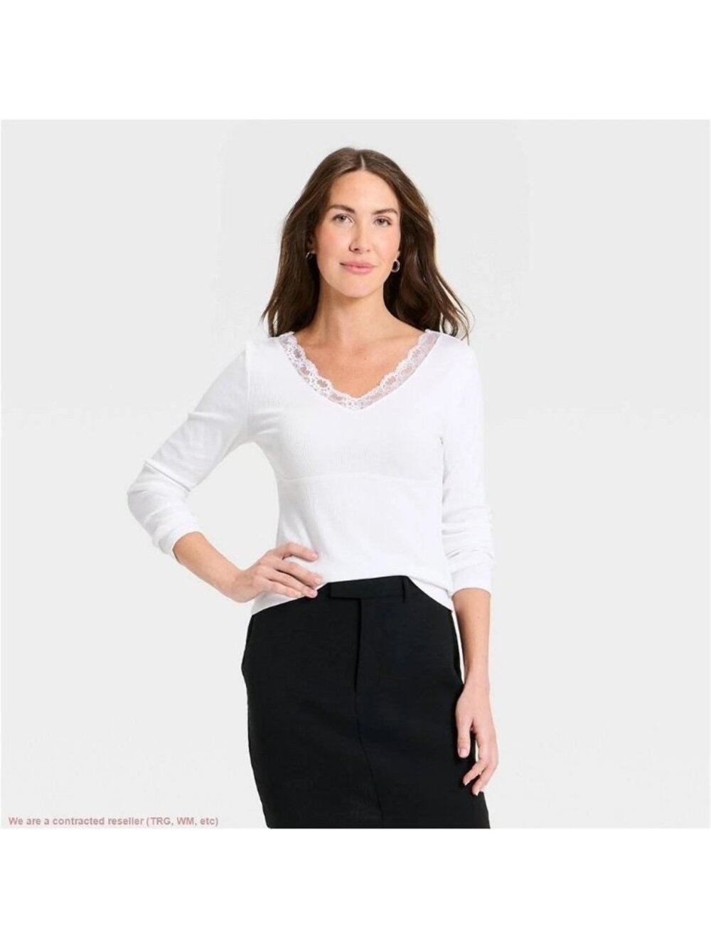 Women's A New Day Scalloped Lace Trim V-Neck Ribbed Top - Large
